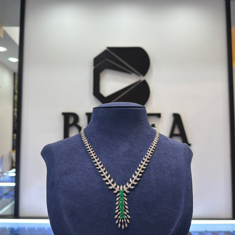 Y-Necklace Featuring Lab-Grown Marquise Diamond Leaf Motifs with Emerald-Green Drop Accent