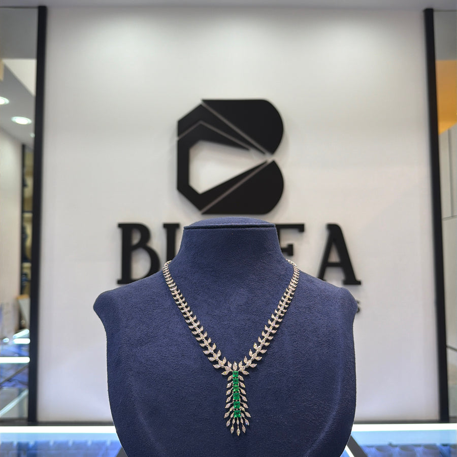 Y-Necklace Featuring Lab-Grown Marquise Diamond Leaf Motifs with Emerald-Green Drop Accent