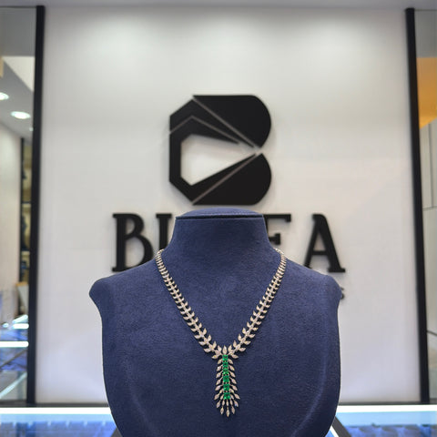 Y-Necklace Featuring Lab-Grown Marquise Diamond Leaf Motifs with Emerald-Green Drop Accent