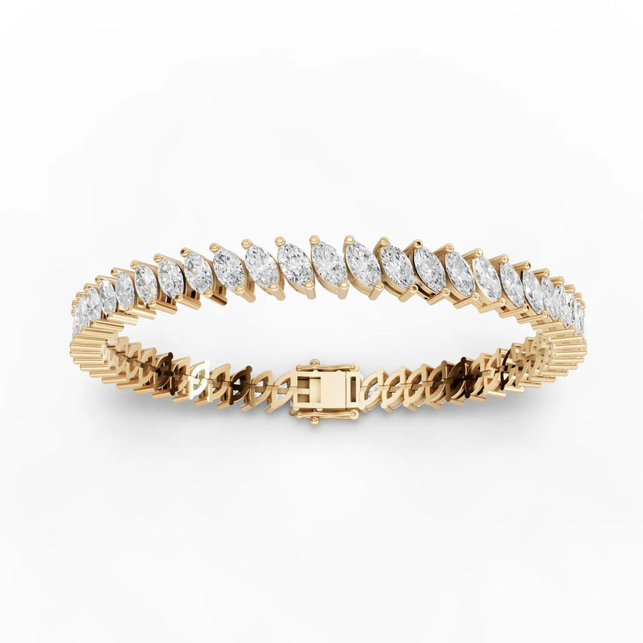 Lab-grown marquise tennis bracelet yellow gold close-up