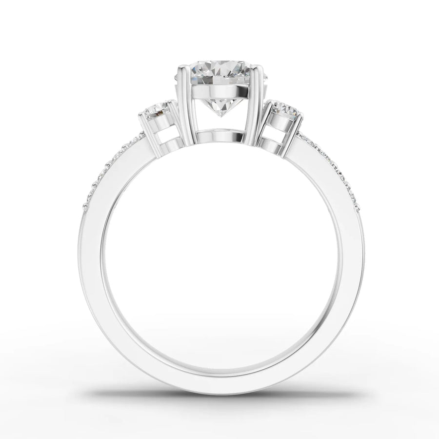 Lab-grown diamond three stone ring white gold close-up