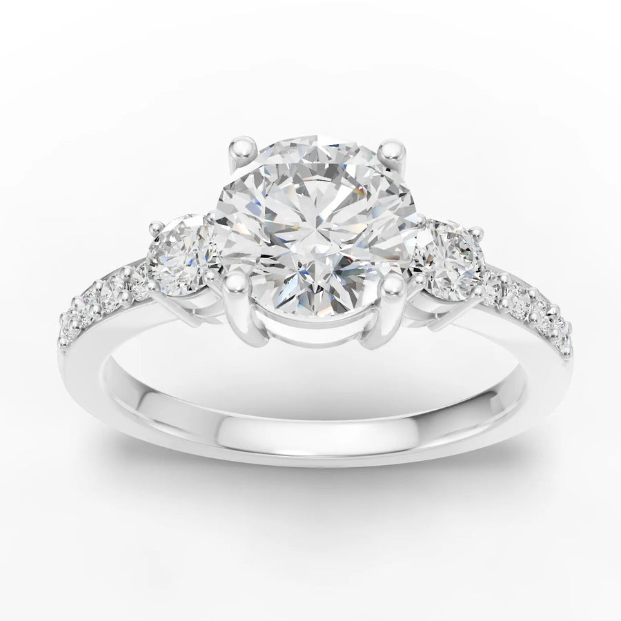 1.32 Ct round three-stone pavé lab diamond ring with 1.00 Ct center diamond and round side stones