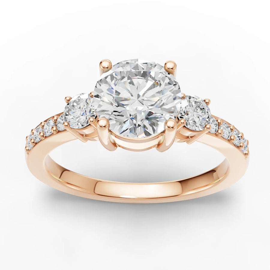 1.32 CT round lab-grown diamond three stone ring rose gold top view