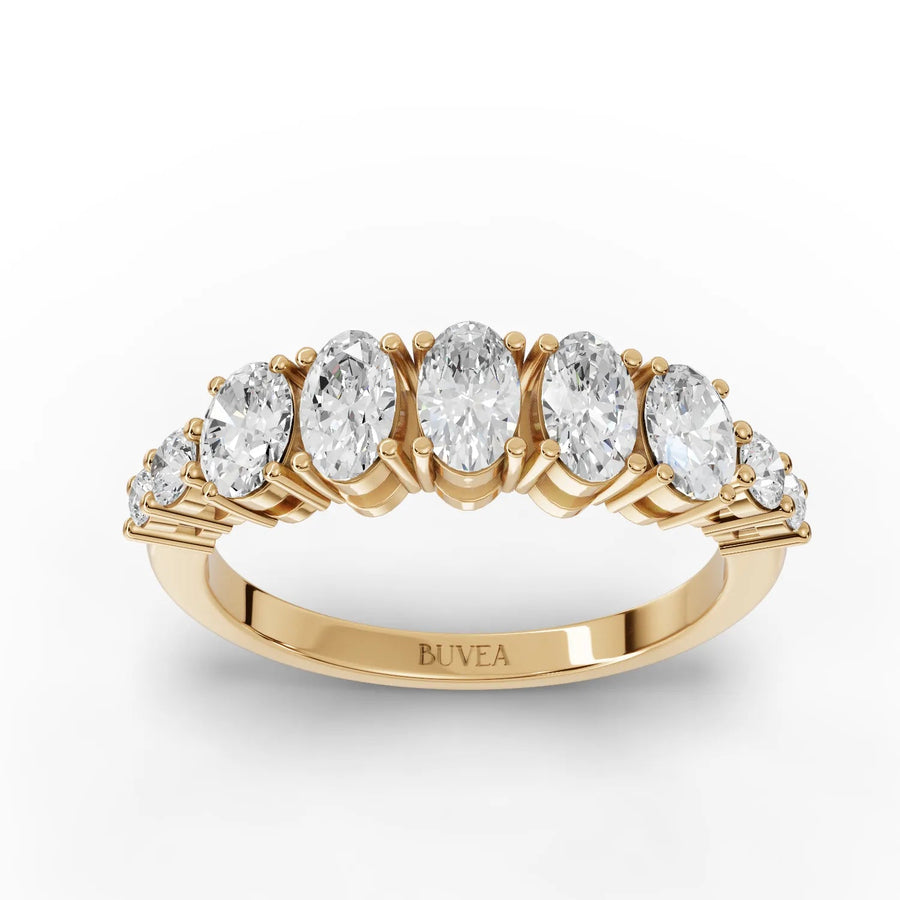 Oval diamond band lab-grown ring yellow gold top view