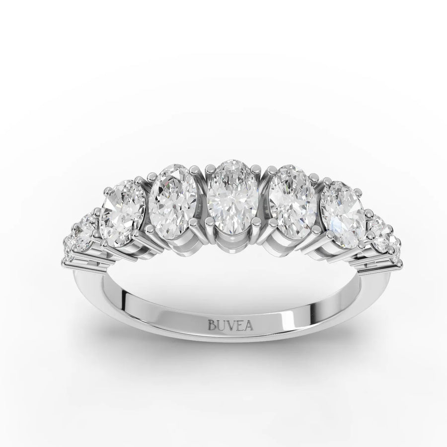 1.34 CT oval lab diamond band ring in 18K gold with round accent diamonds in a half eternity two-row design