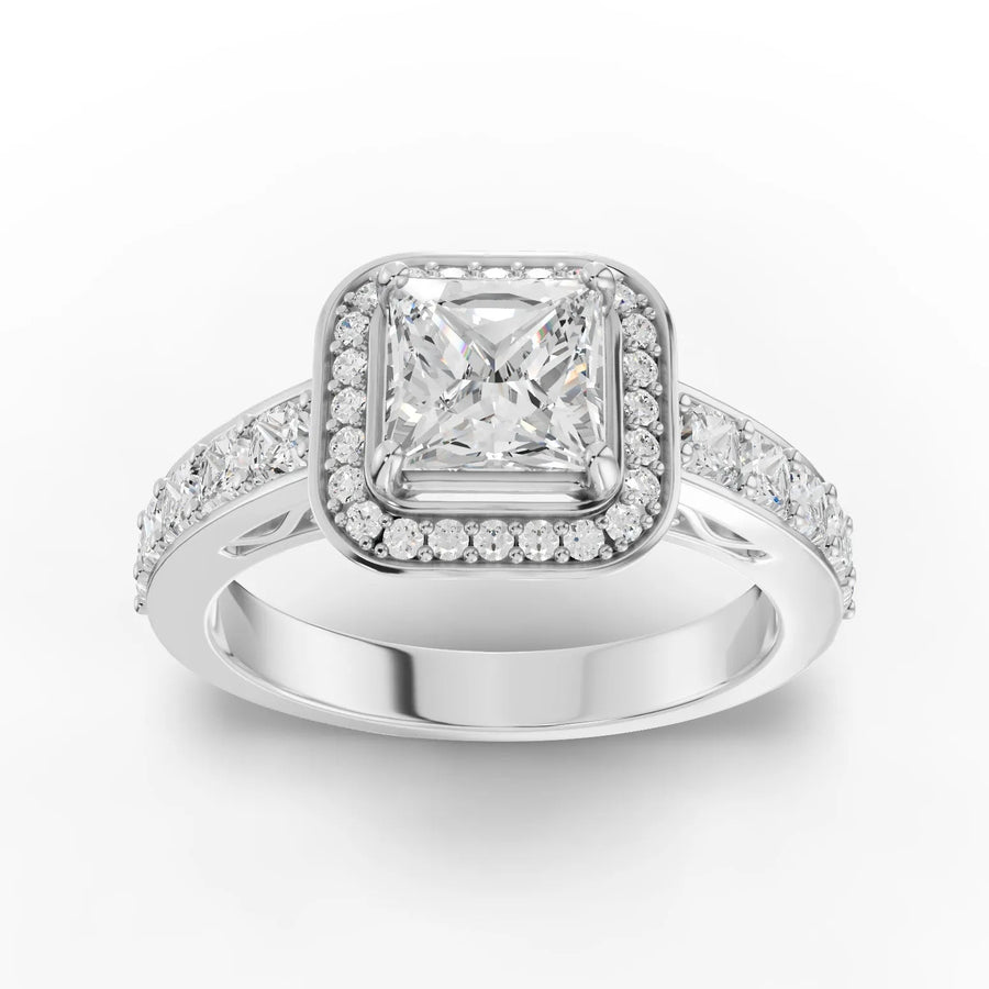 1.49 ct princess halo lab diamond ring with 0.5 ct center diamond and round accent diamonds on the band