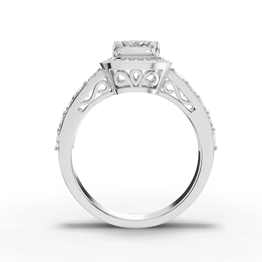 Princess lab-grown halo ring white gold close-up