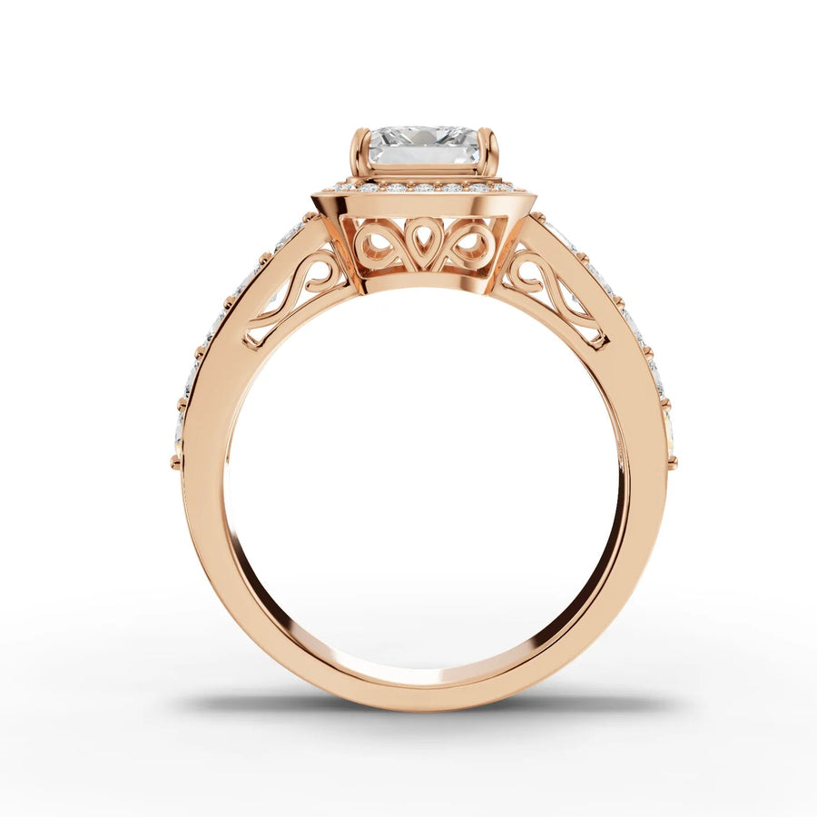 Princess lab-grown halo ring rose gold close-up
