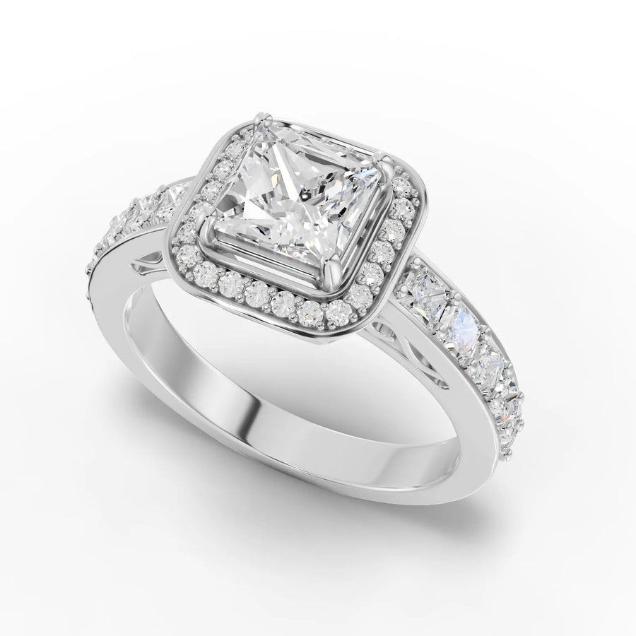 Princess halo ring white gold angle