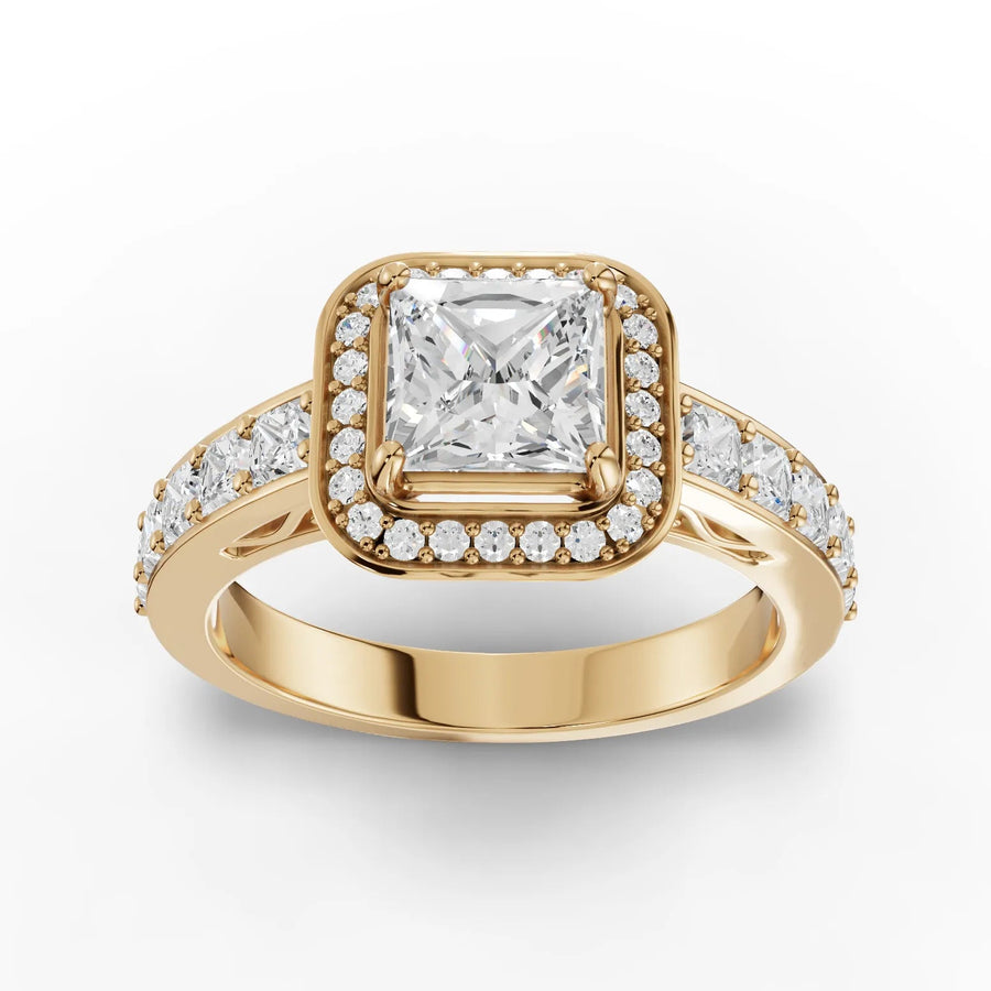1.16 CT princess lab-grown diamond halo ring yellow gold top view