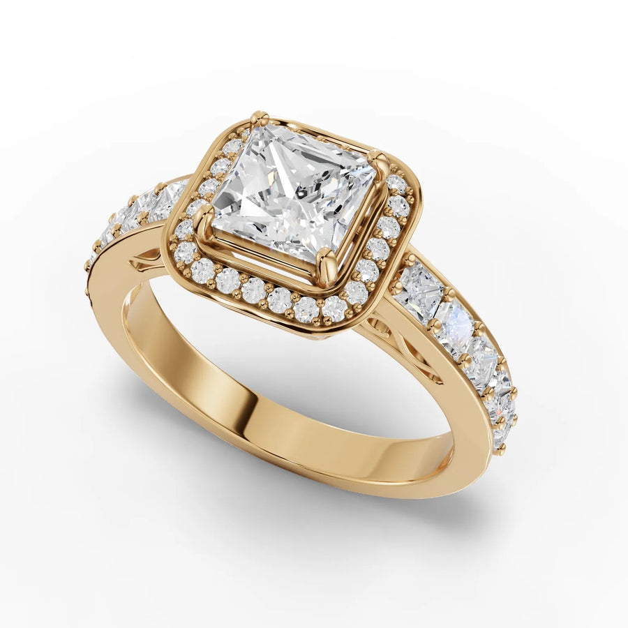 Princess halo ring yellow gold angle