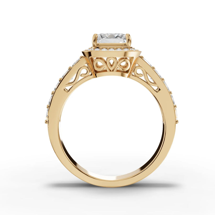 Princess lab-grown halo ring yellow gold close-up