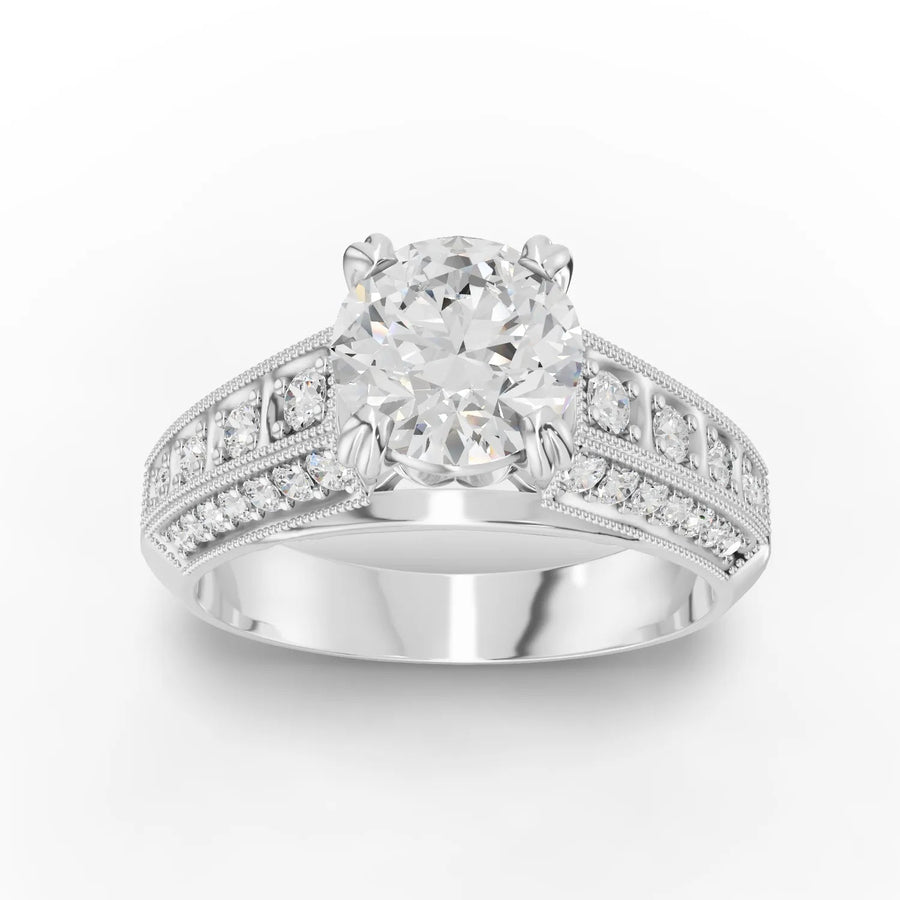 1.32 ct round solitaire lab diamond ring with 1.03 ct center stone, double pavé band, milgrain edges, and four prongs