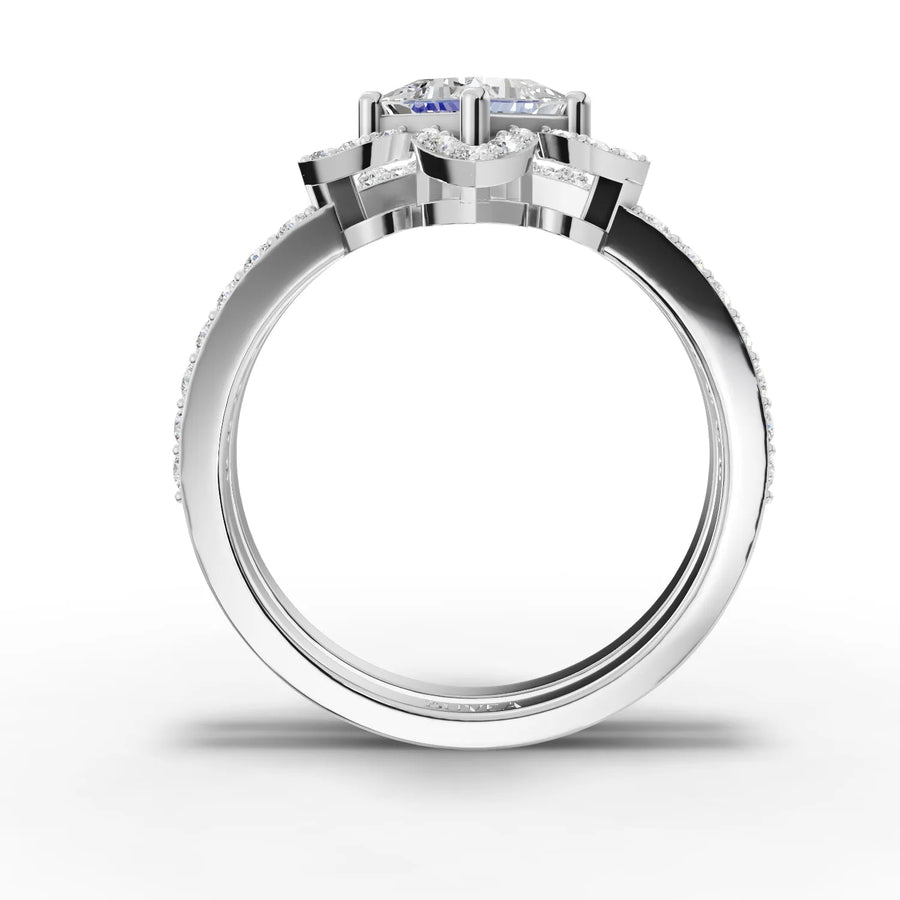 Halo and pavé ring set white gold close-up