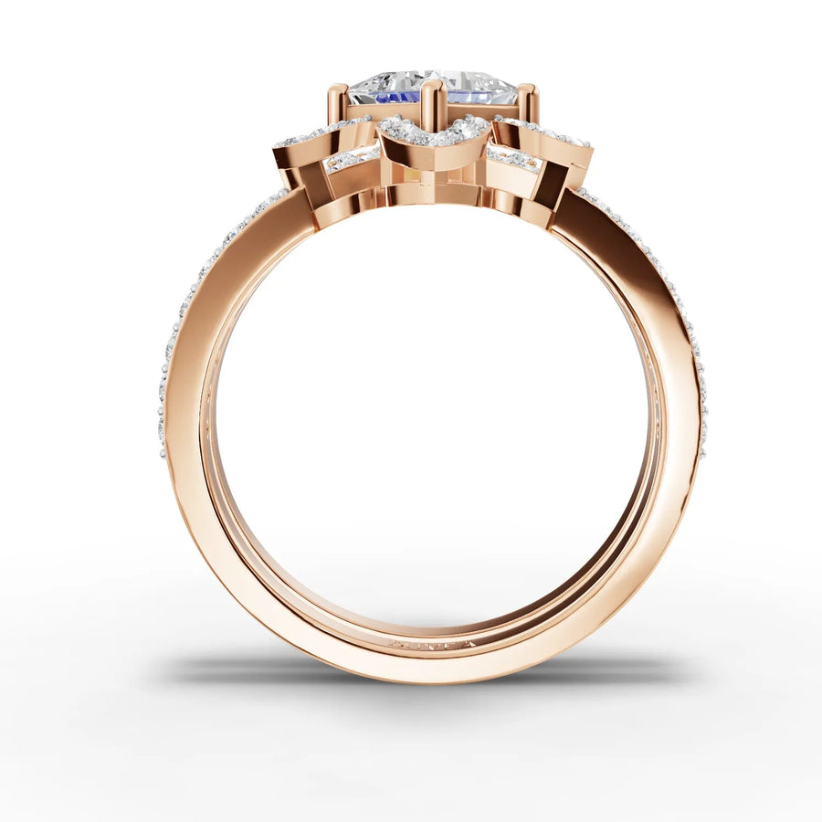 Halo and pavé ring set rose gold close-up
