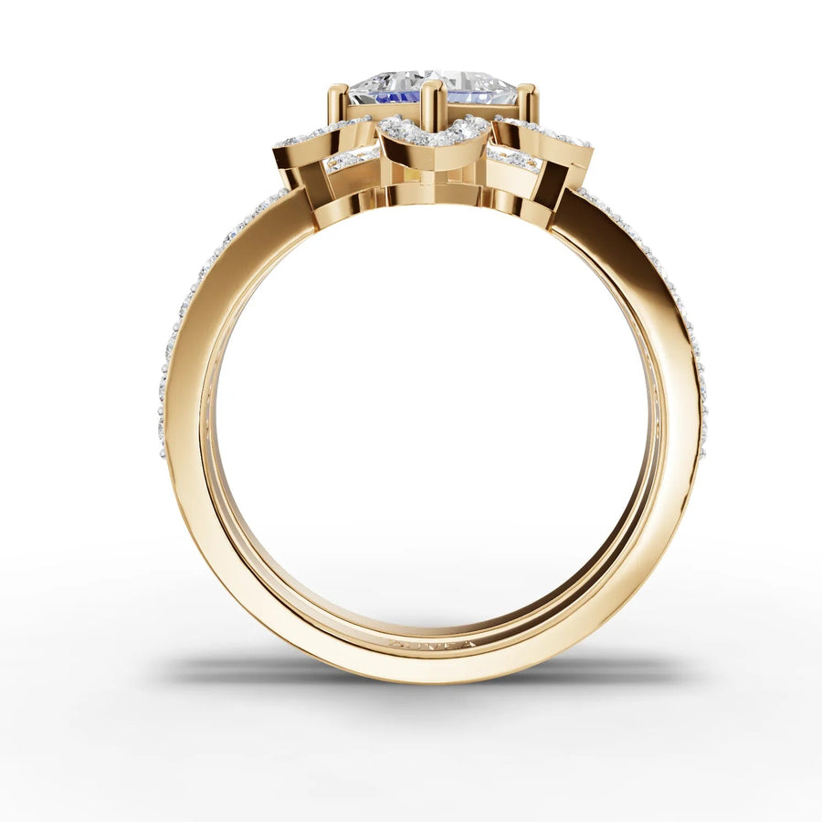 Halo and pavé ring set yellow gold close-up