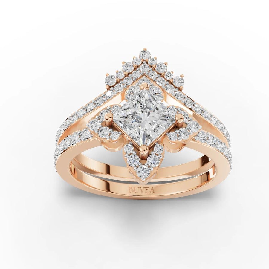 Princess cut halo ring set rose gold top view