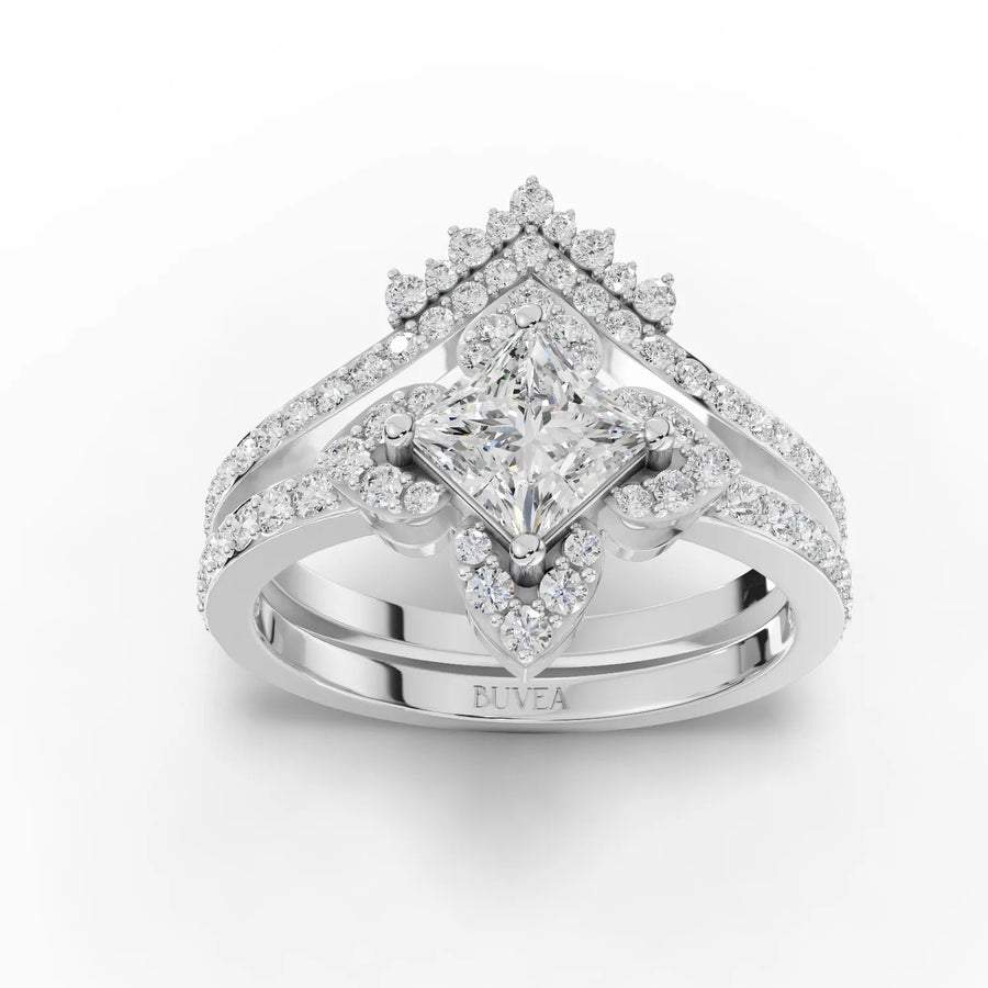 1.38 CT princess halo lab grown diamond ring set with pave band and two matching 18K gold bridal bands