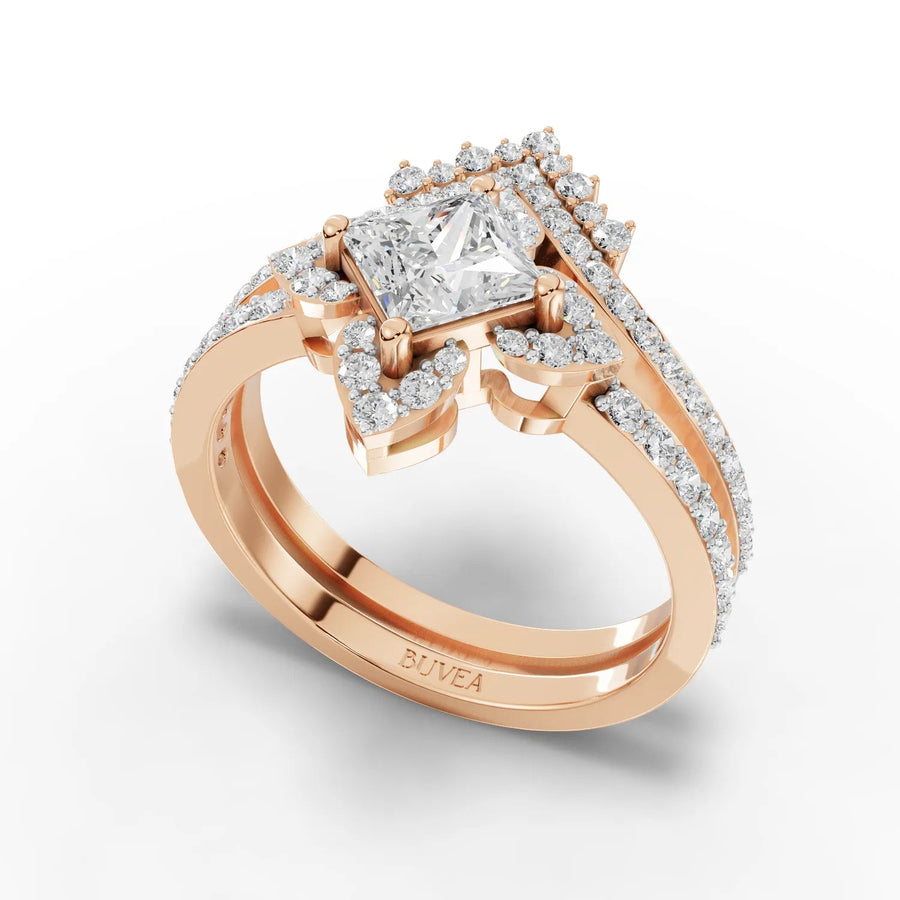 Three-piece diamond ring set rose gold angled profile