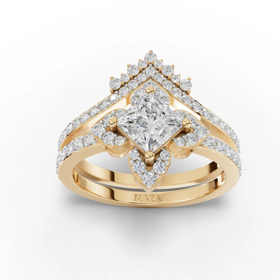 Princess cut halo ring set yellow gold top view