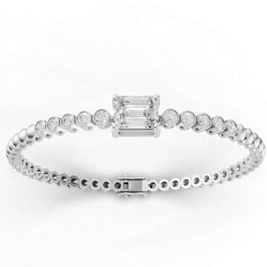 3.42 CT emerald cut diamond bracelet with 2.5 CT center stone and bezel-set round lab grown diamonds in 18K gold