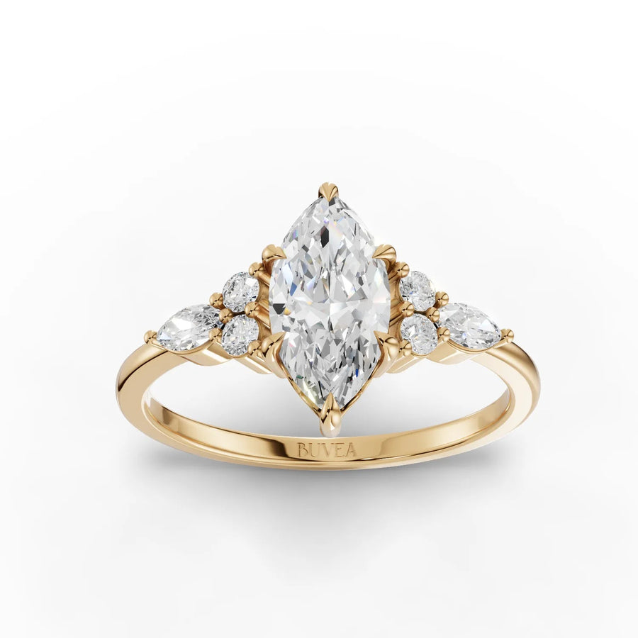 Marquise center lab-grown diamond ring yellow gold top view