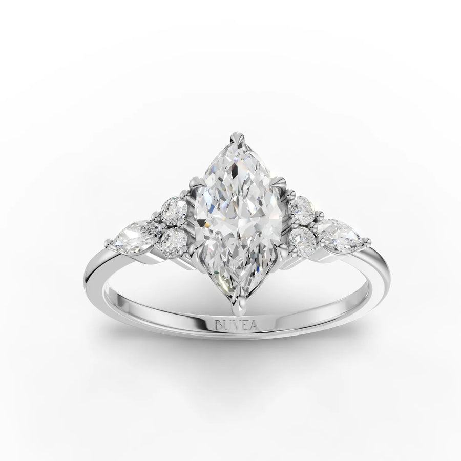 1.30 CT marquise lab diamond accent solitaire ring with 1 CT center stone and multi-shape side diamonds in 18K gold