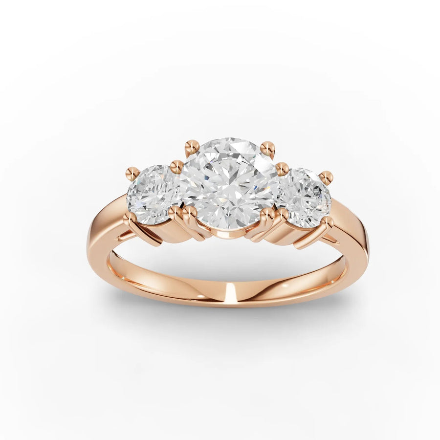 1.35 CT round lab-grown diamond three stone ring rose gold top view