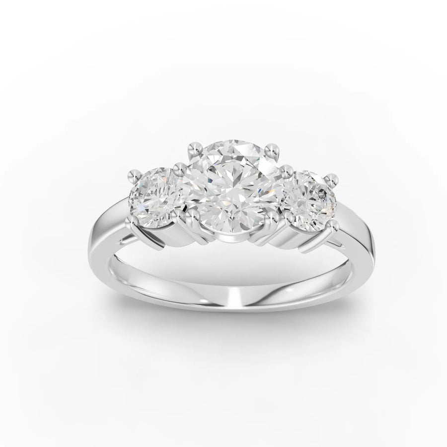 1.94 ct round three stone lab diamond ring with 1 ct center stone and balanced side diamonds