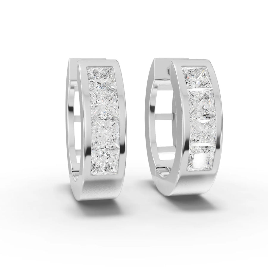 1.35 ct princess channel set lab grown diamond huggie earrings with square diamonds and polished hoop profile