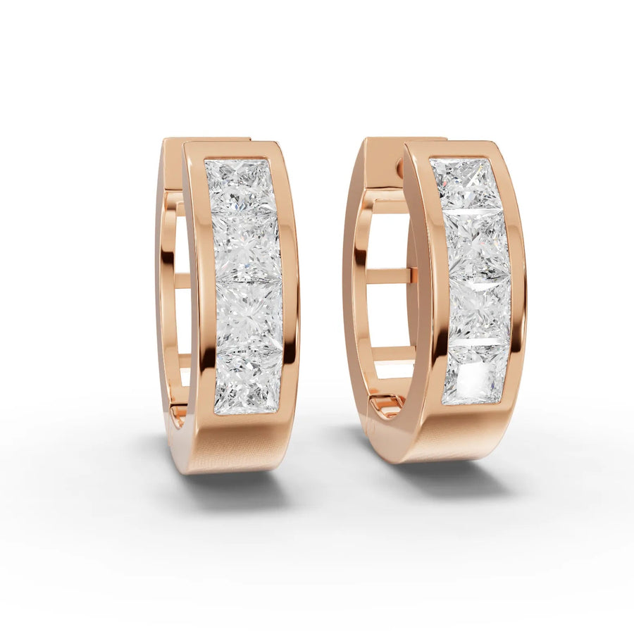 1.35 CT lab-grown diamond channel set huggie earrings rose gold front view