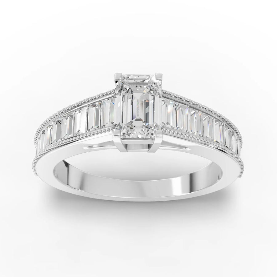 1.18 ct emerald milgrain lab diamond ring with 0.50 ct emerald-cut center and channel-set baguette accents