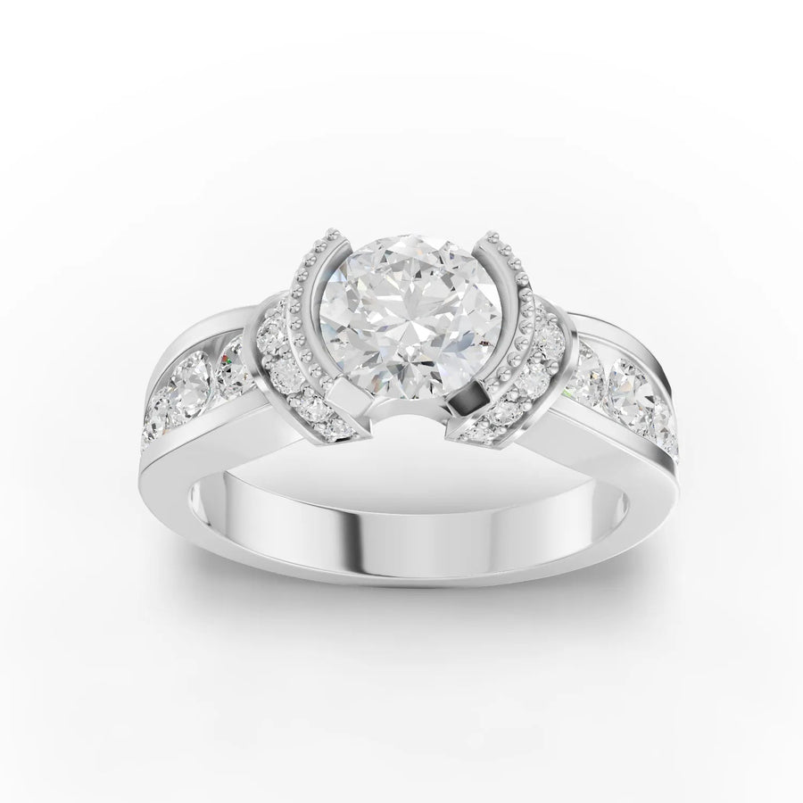 1.58 CT round halo lab grown diamond ring with 1.00 CT center stone and accent band in 18KT gold