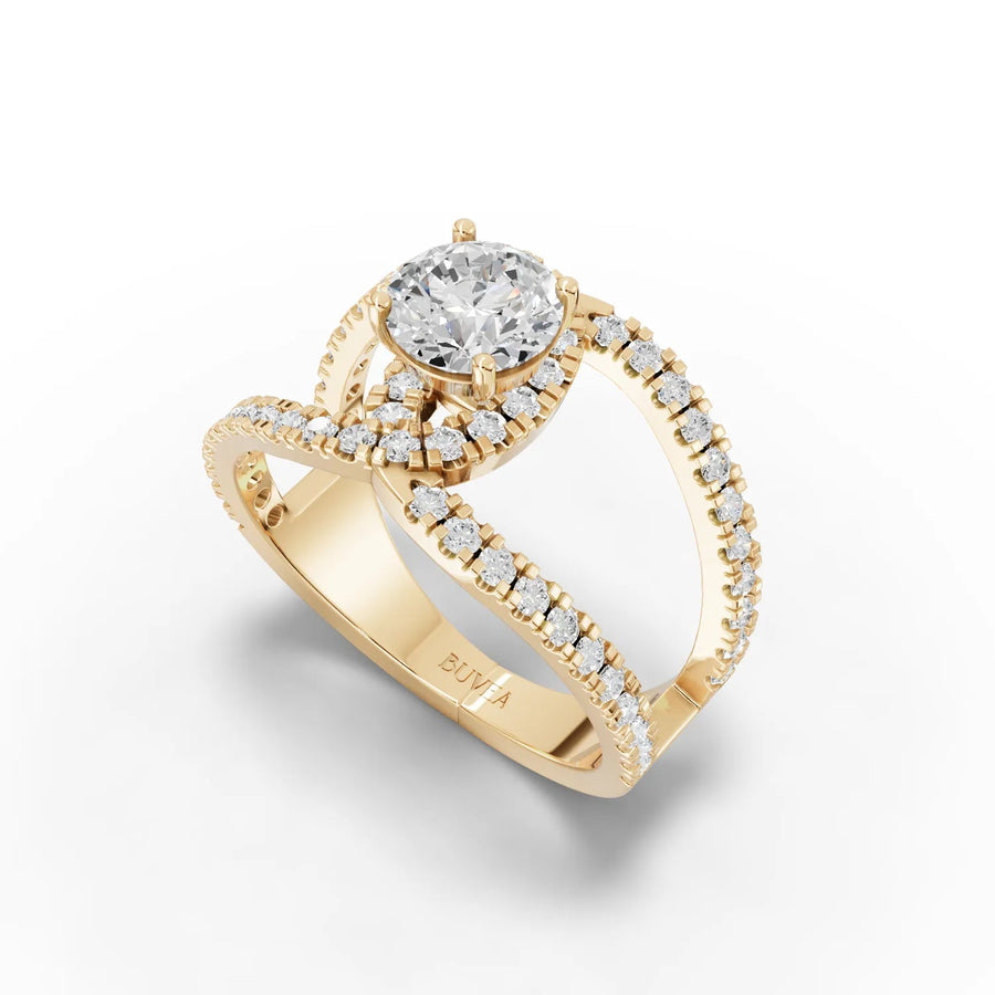Round split-shank diamond ring yellow gold angled profile