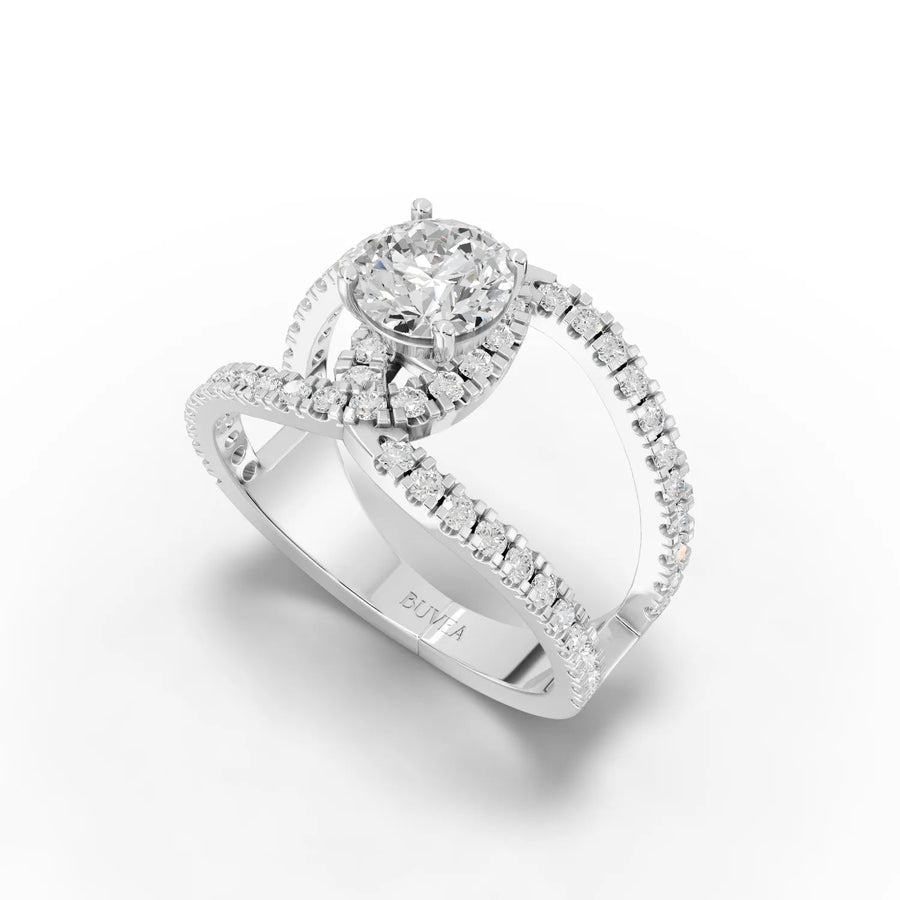 Round split-shank diamond ring white gold angled profile