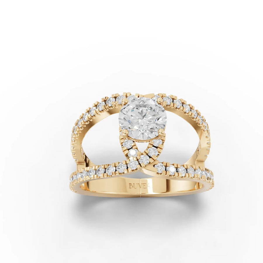 Crossover diamond ring yellow gold top view