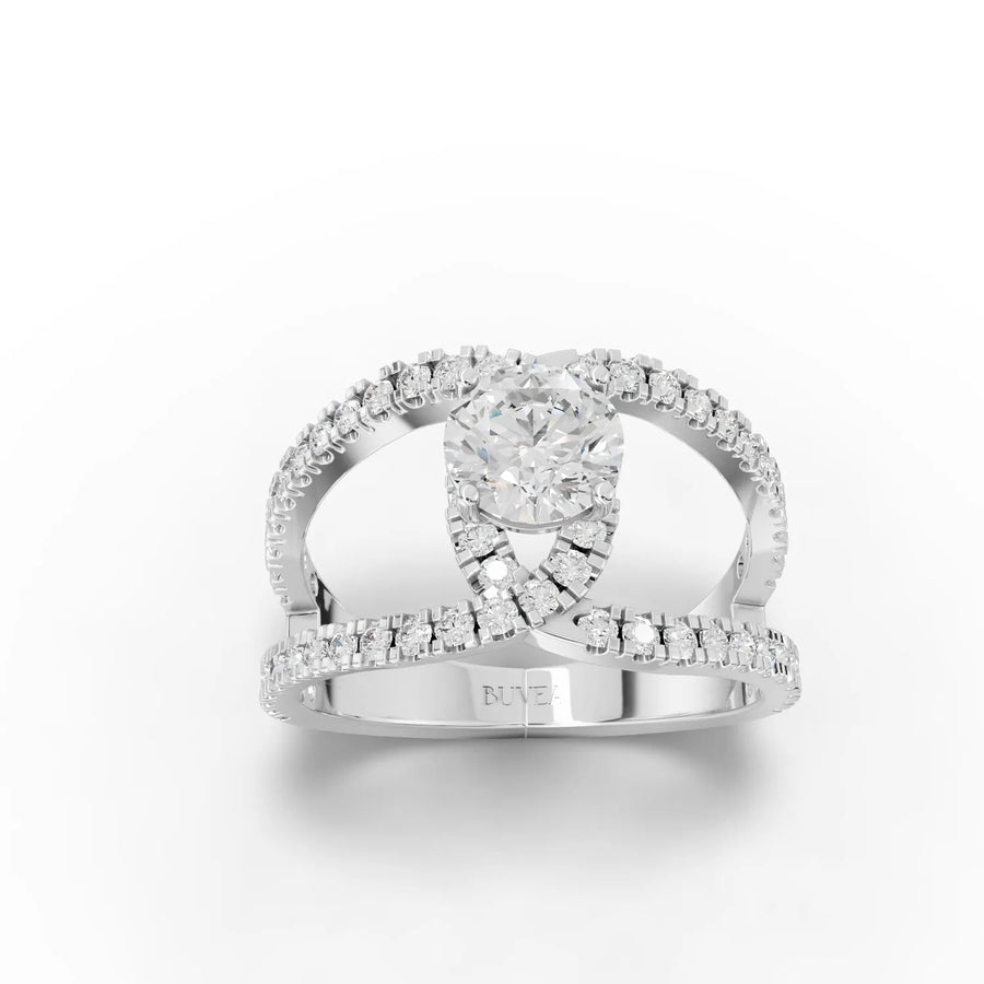 1.69 CT round lab diamond twist pavé engagement ring with 1 CT center stone and crossover split shank in 18K gold