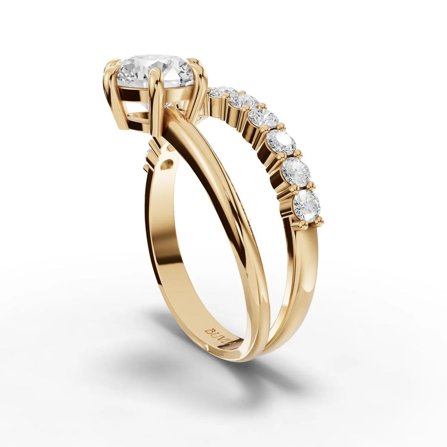 Six-prong round diamond ring yellow gold close-up