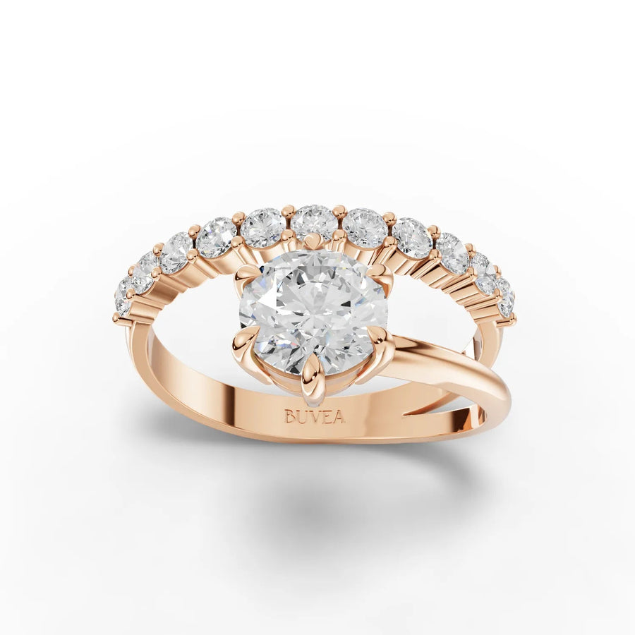 Round solitaire pavé band ring rose gold top view