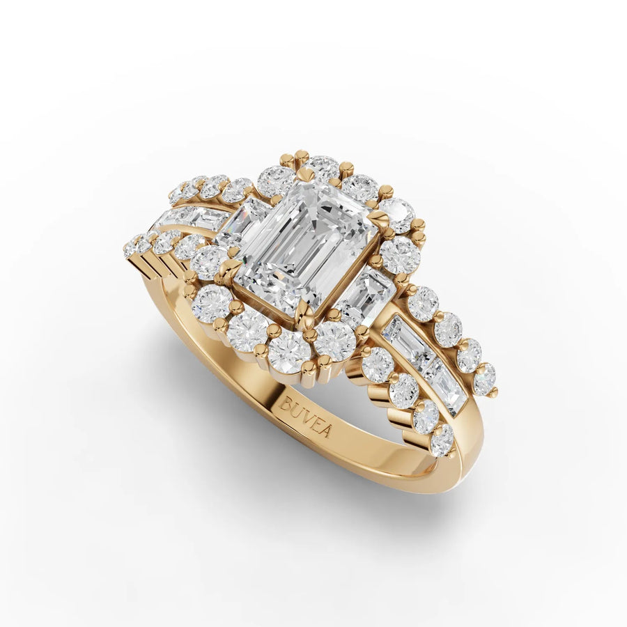 2.01 CT emerald halo ring yellow gold angled profile