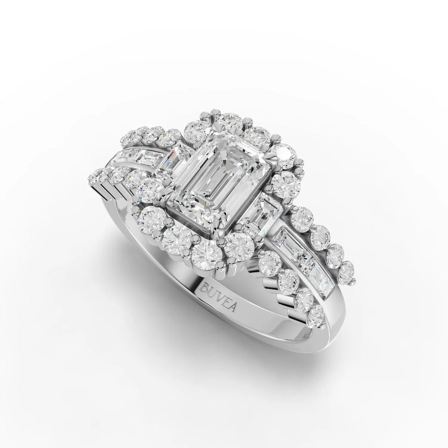 2.01 CT emerald halo ring white gold angled profile