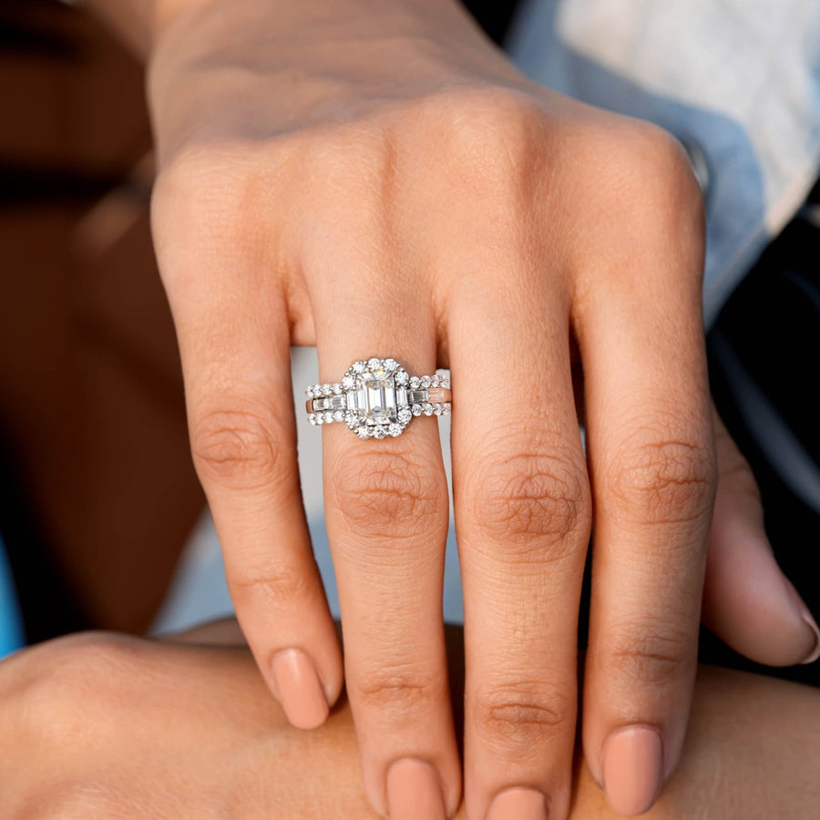 2.01 CT emerald cut halo lab-grown diamond ring worn on hand