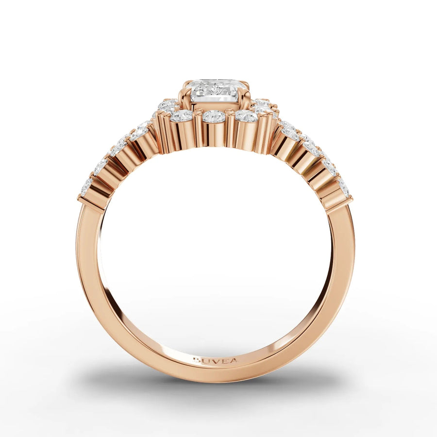 Emerald cut center halo ring rose gold close-up