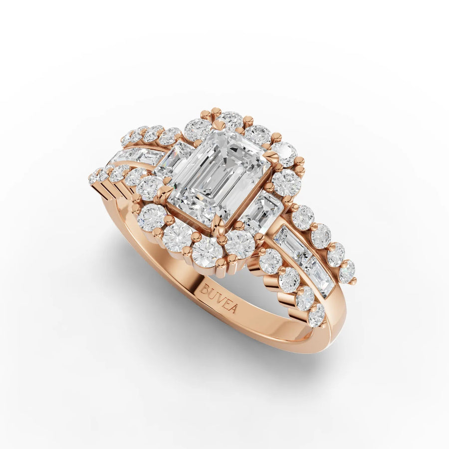 2.01 CT emerald halo ring rose gold angled profile
