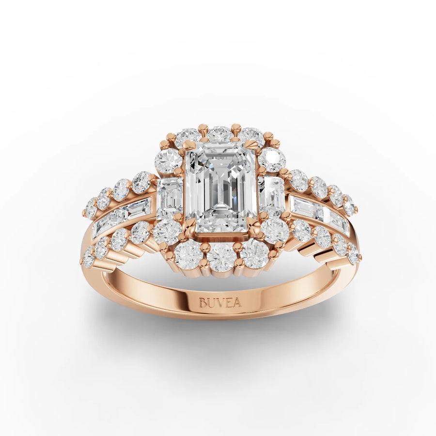 Emerald cut halo lab-grown diamond ring rose gold top view