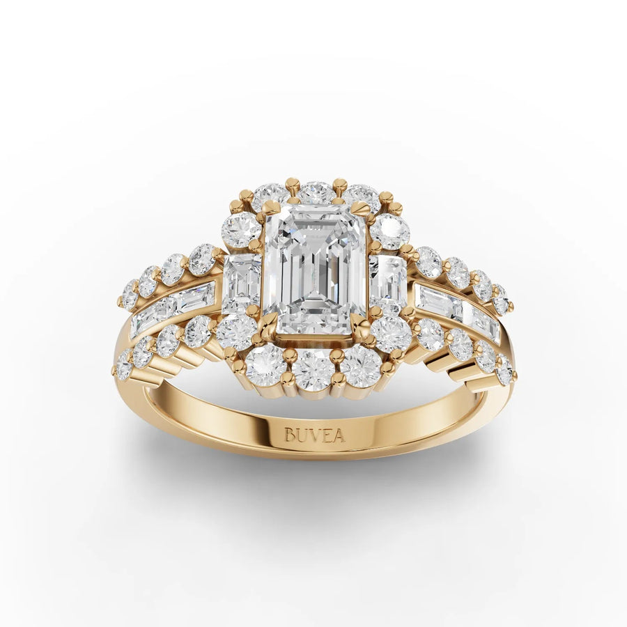 Emerald cut halo lab-grown diamond ring yellow gold top view