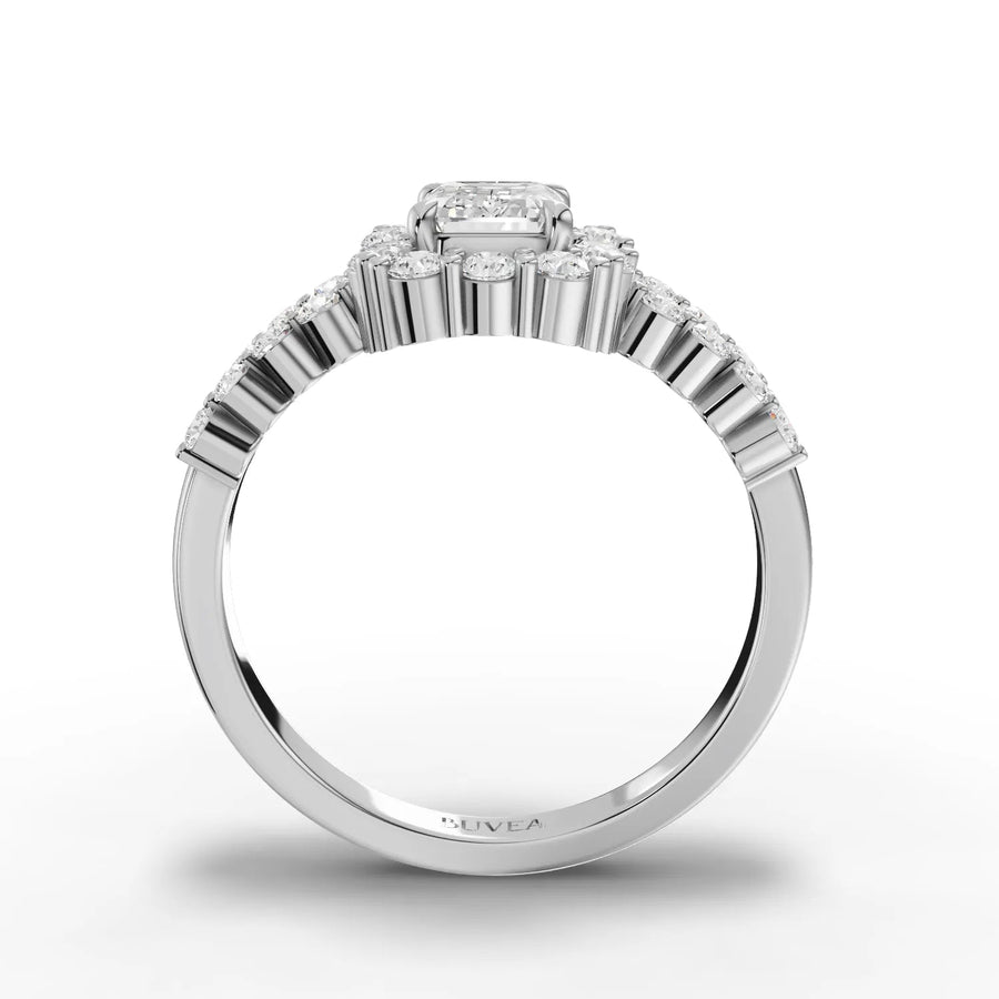 Emerald cut center halo ring white gold close-up