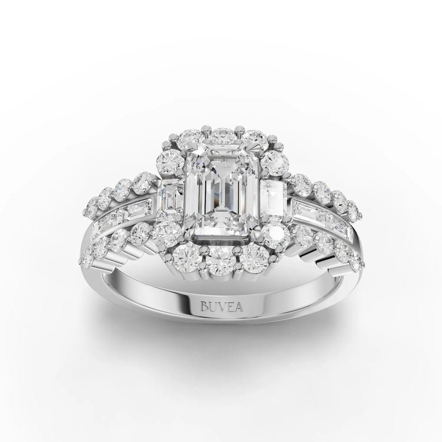 Emerald cut halo lab-grown diamond ring white gold top view