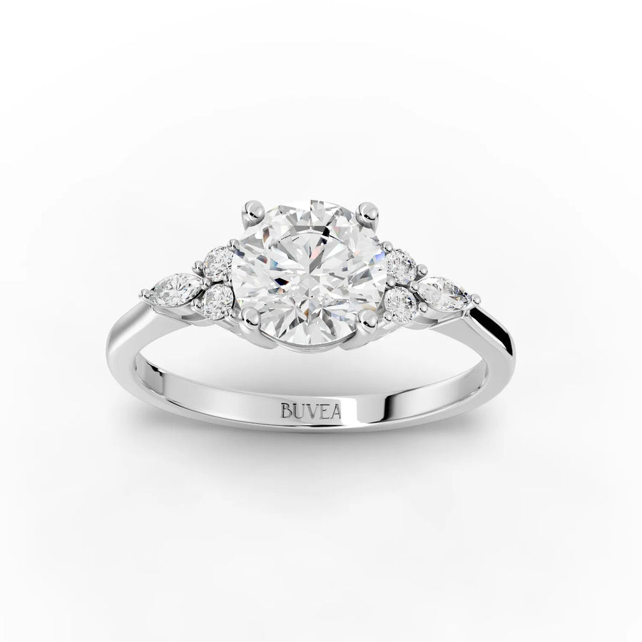 1.12 CT round lab diamond ring with 1 ct center, marquise accents, round side diamonds, and slender band