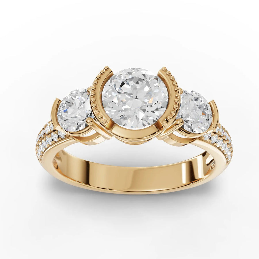 1.65 CT three stone round lab-grown diamond ring yellow gold top view